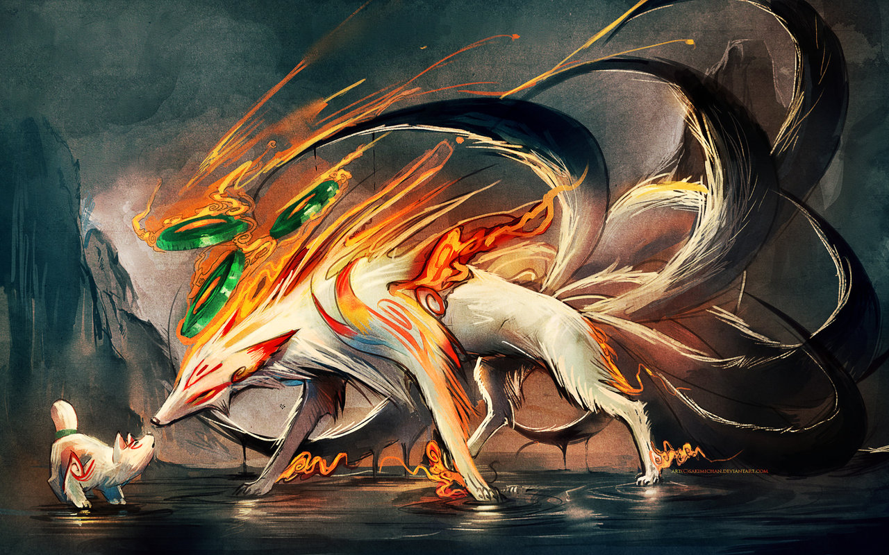 Nine Tailed Fox And Pup By Sakimichan
