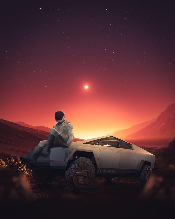 Starman resting at his Tesla Cybertruck on Mars by Eashan Misra