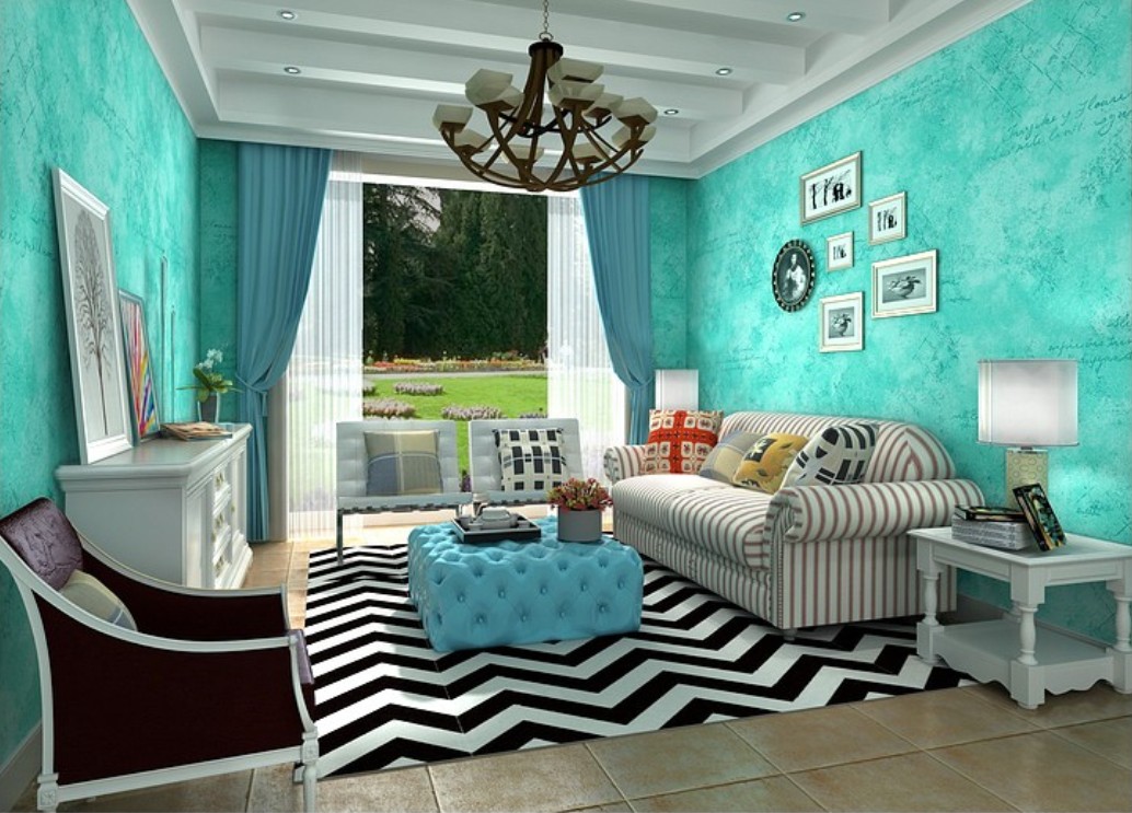 3d Interior Rendering British Living Room With Blue Wallpaper
