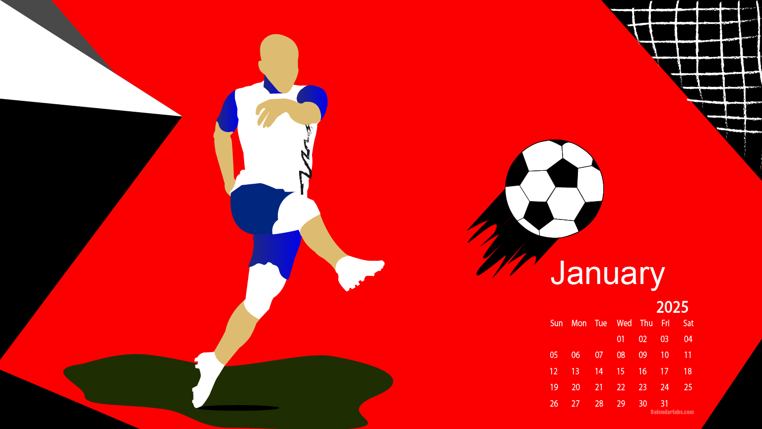 A stylized image of a soccer player kicking a ball with a January 2025 calendar overlay, suitable for use as a desktop wallpaper