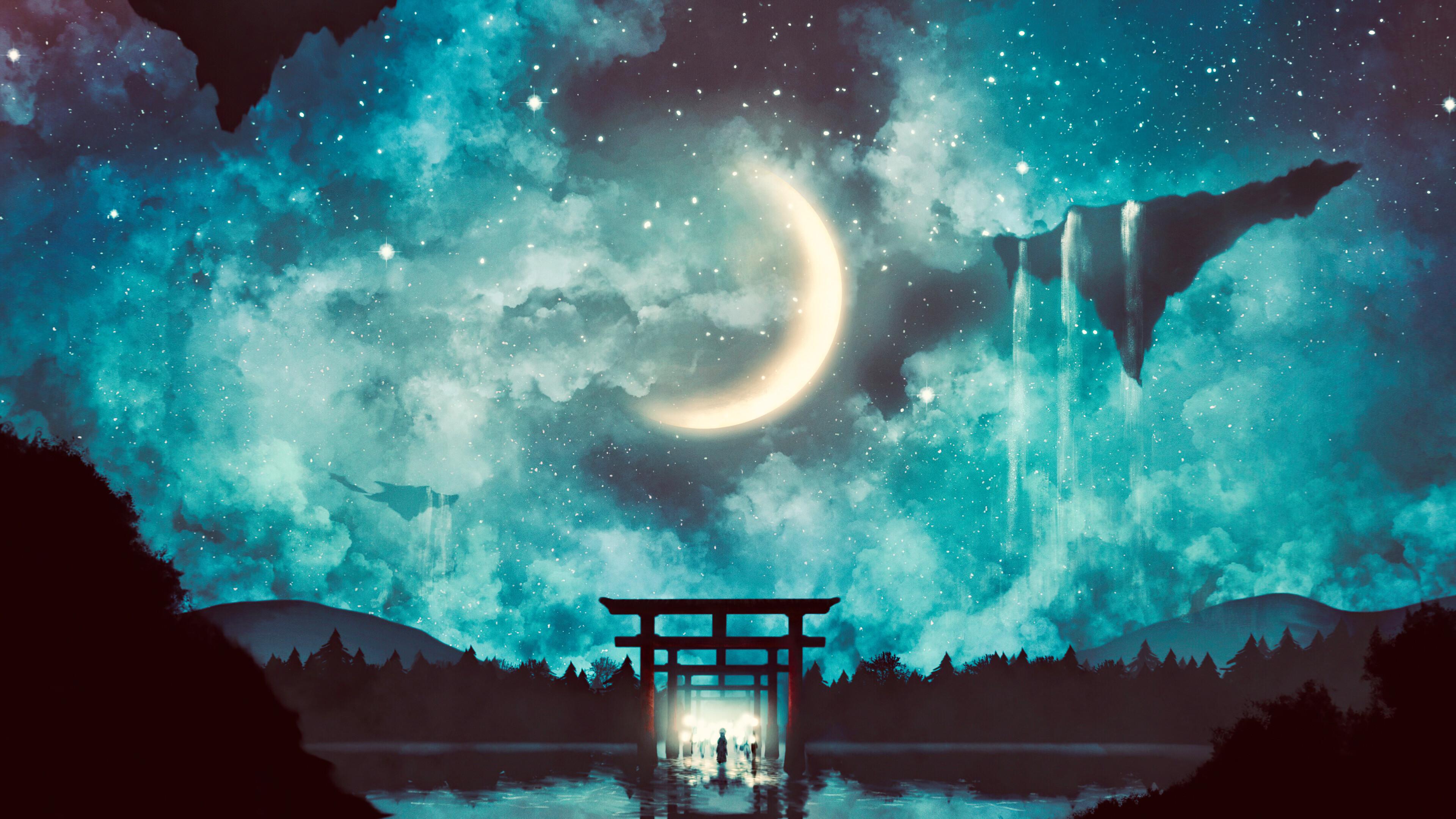 Shrine Gate Night Sky Anime Scenery 4K Wallpaper