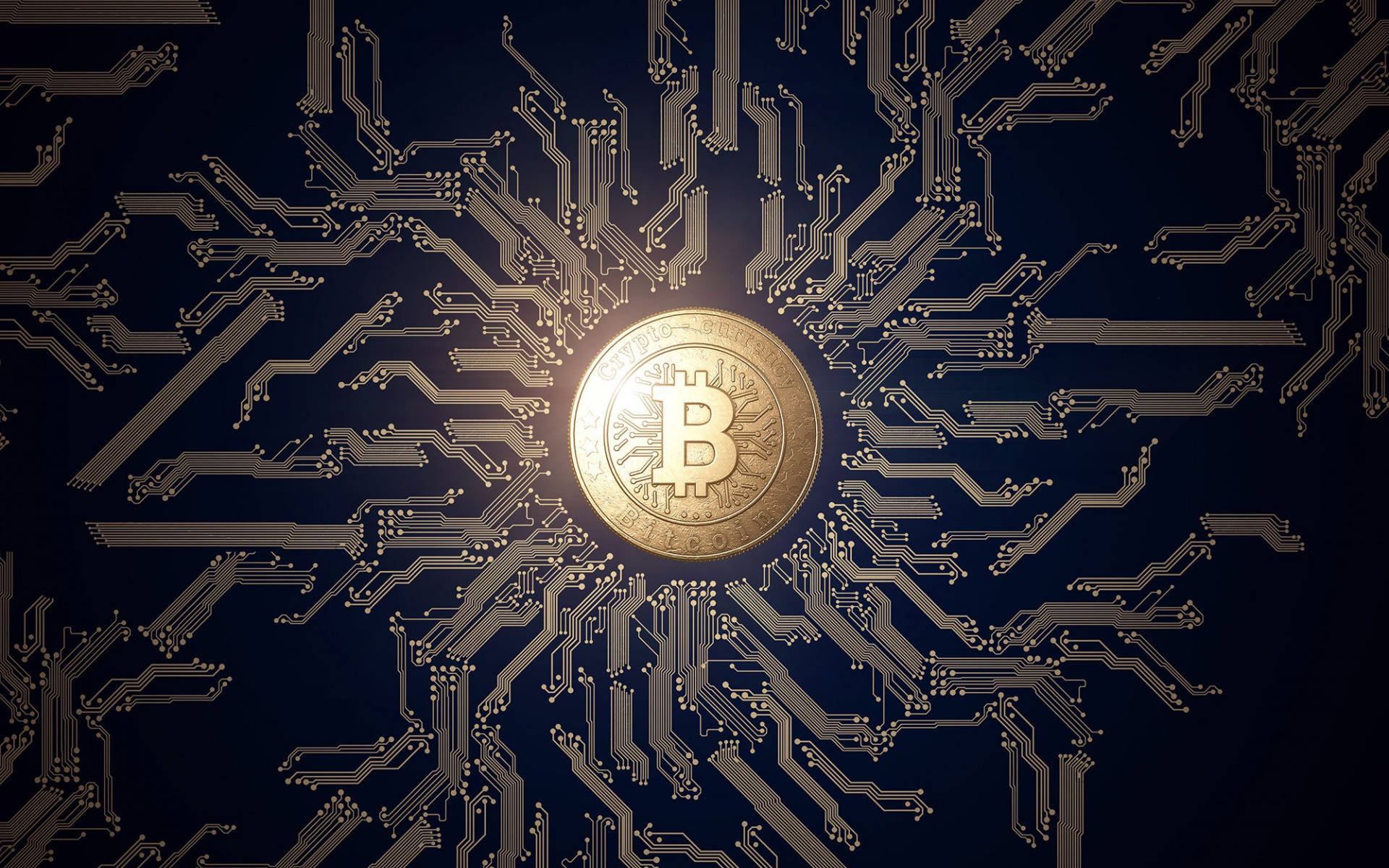 A gold Bitcoin coin at the center of a dark blue circuit board, symbolizing the digital and decentralized nature of cryptocurrency