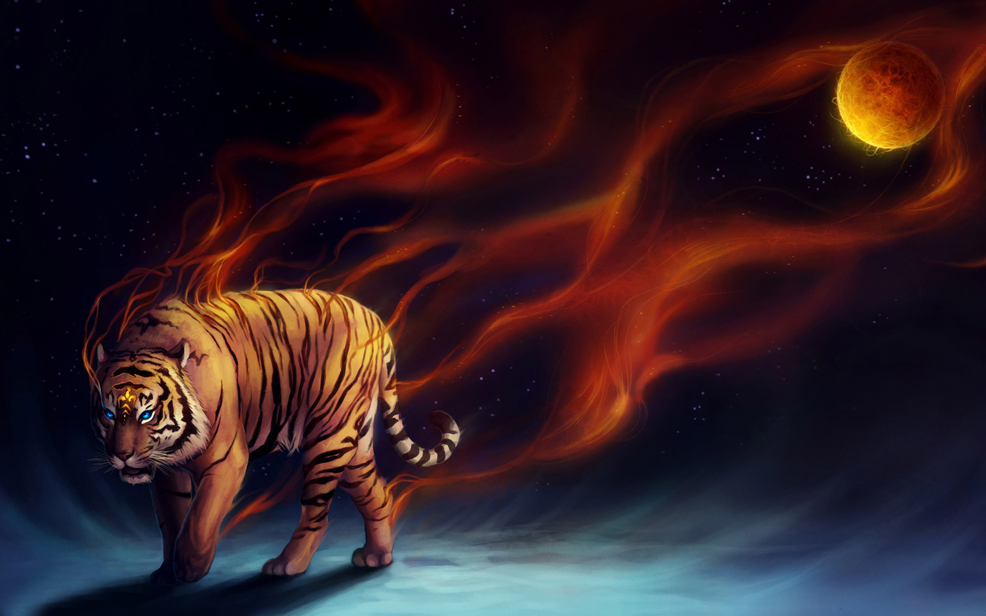 A majestic tiger with glowing blue eyes walks amidst swirling flames against a backdrop of stars and a fiery planet, creating a cool and captivating wallpaper