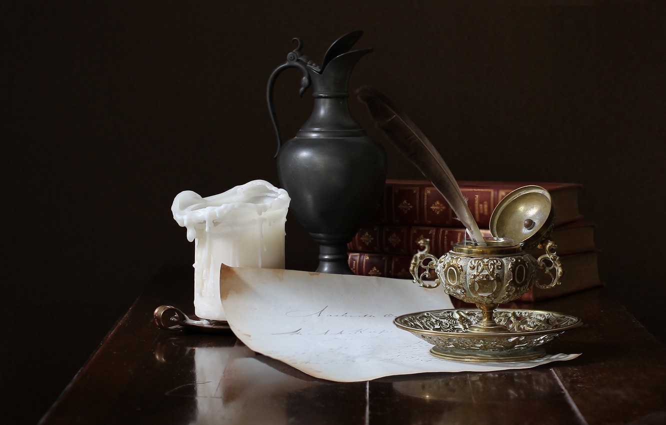 Wallpaper Books Candle Pitcher Still Life Ink Image For
