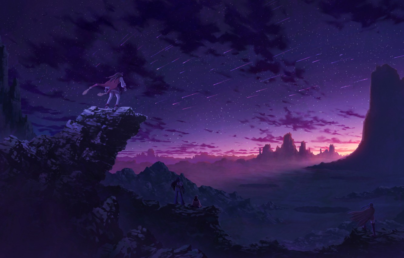 Wallpaper Sunset Mountains Rocks Anime Art Four Starfall