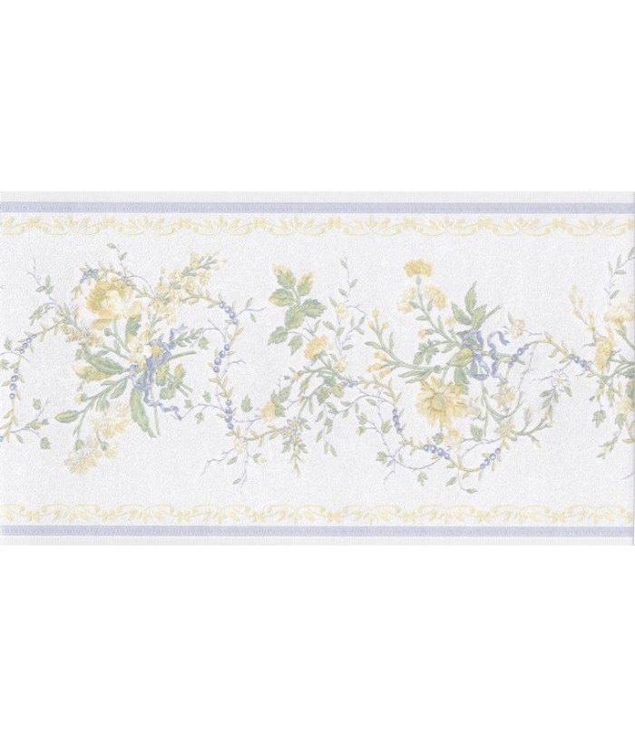 White Blue Yellow Elegant Floral Wallpaper Border