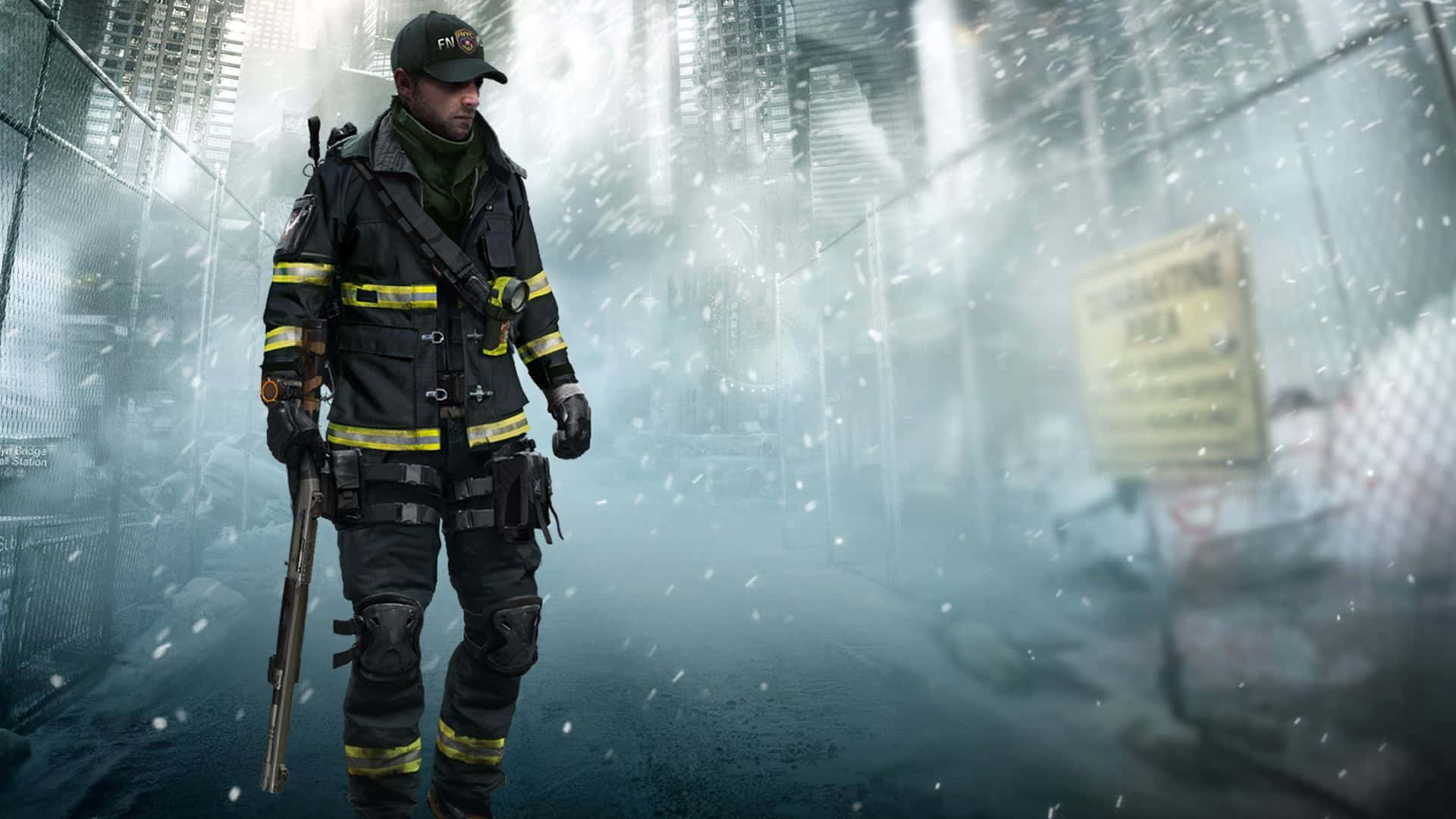 A firefighter in a snowy urban environment
