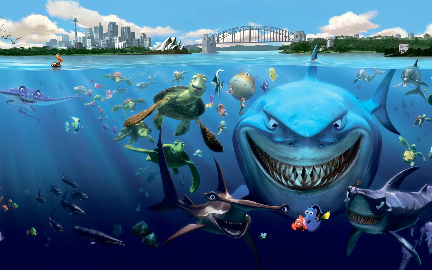 Finding Nemo Underwater Fish Sharks Turtles Cartoon Wallpaper