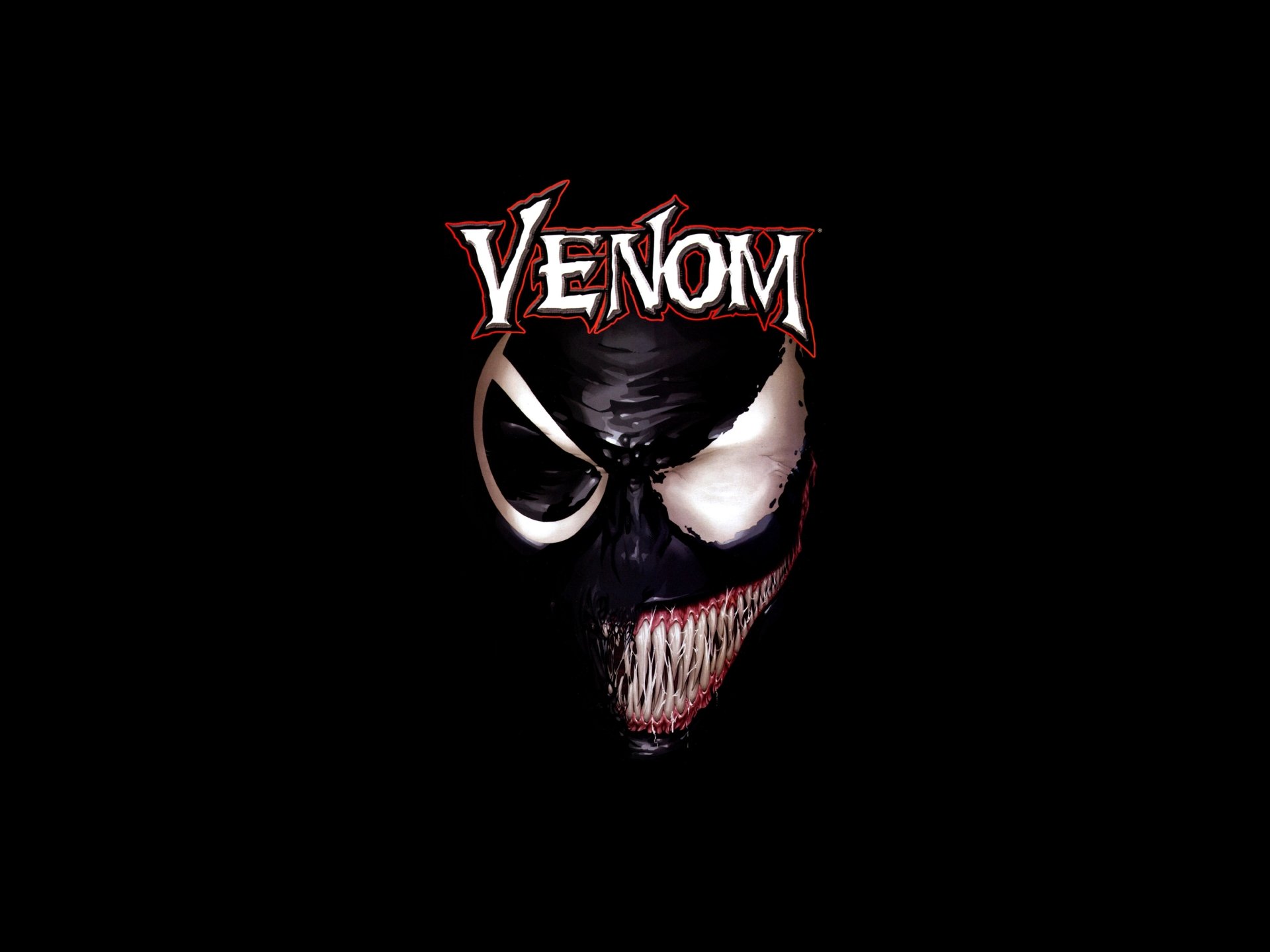A menacing close-up of Venom's face against a black background, featuring his signature sharp teeth, white eyes, and the 'Venom' logo above him