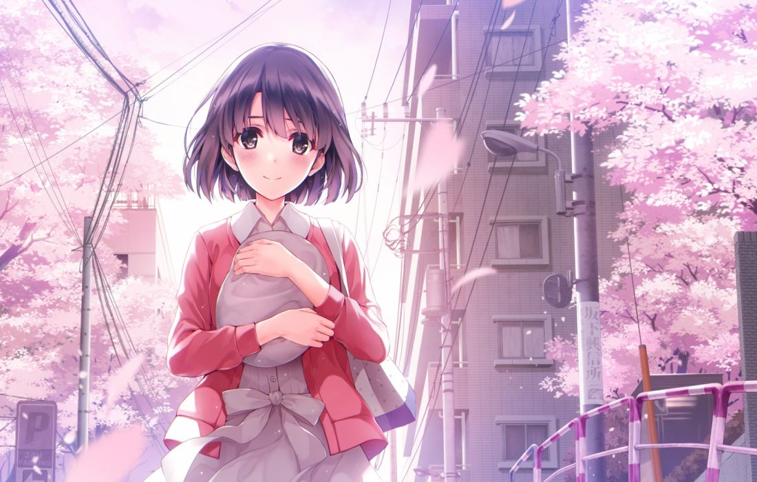 Anime Spring City Girl Trees Sky Objects Widescreen Wallpaper