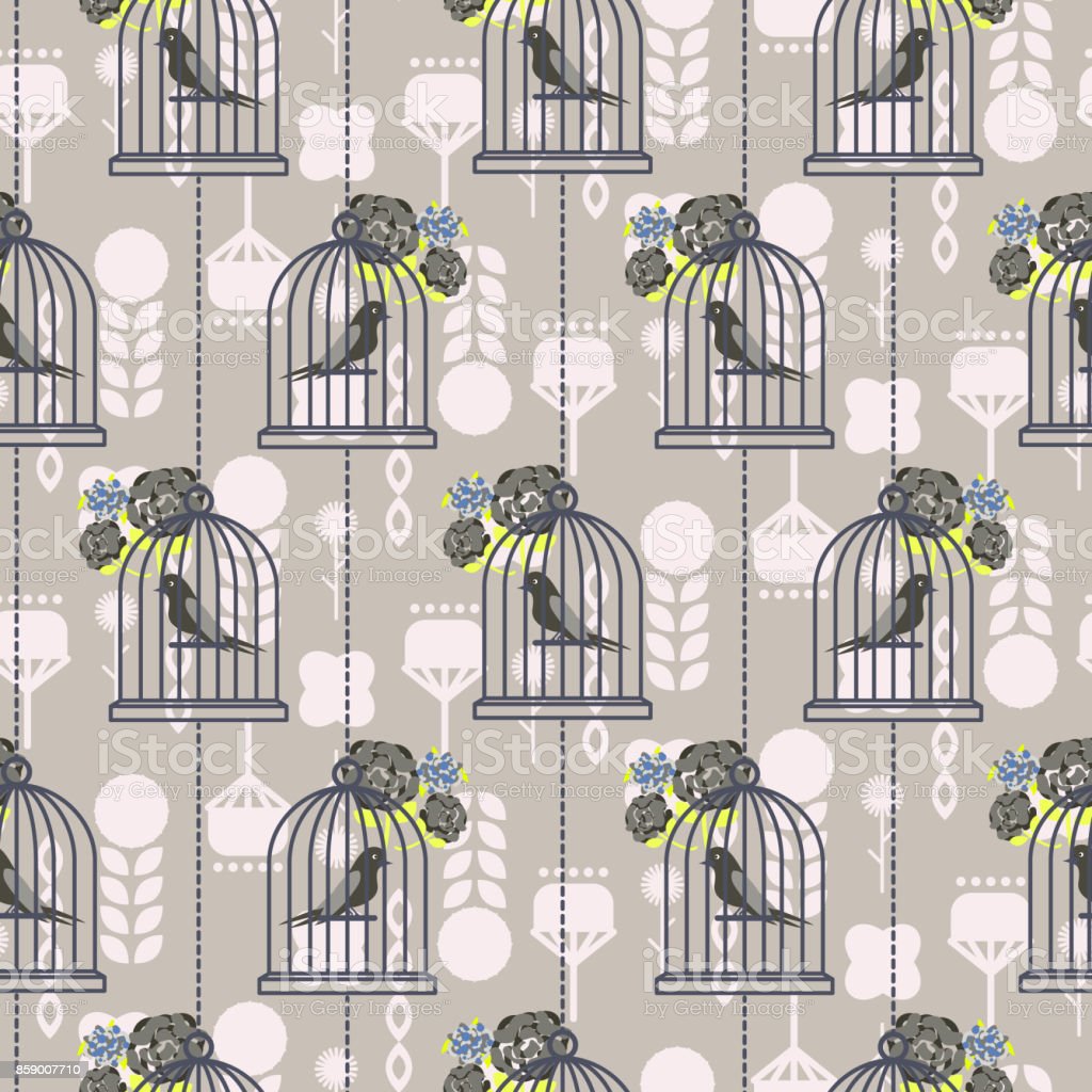 Bird Cage Romantic Seamless Vector Pattern Wallpaper Stock
