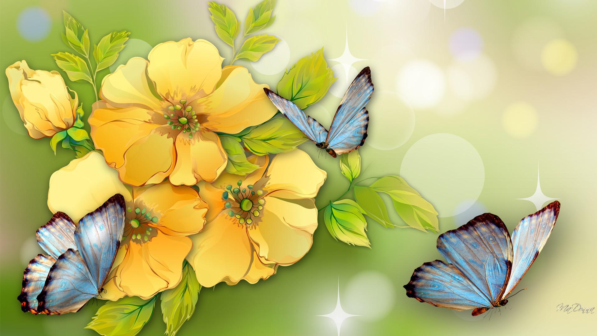 Yellow Flowers Blue Butterflies High Quality And