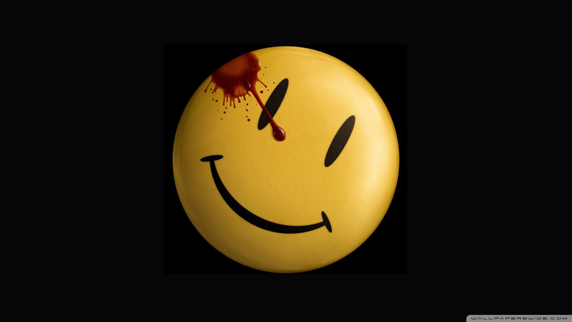 A yellow smiley face with a single drop of blood above the right eye, reminiscent of the iconic Watchmen badge