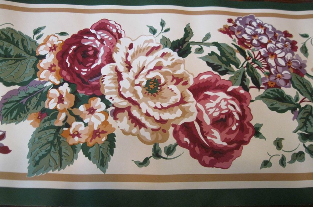 Waverly Wallpaper Border Floral Roses Hydrangeas Tan Green Trim