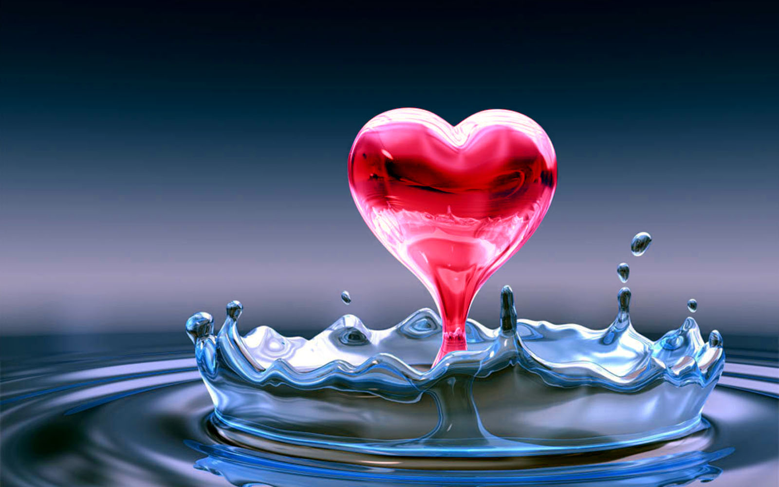 A vibrant red heart-shaped droplet splashes into tranquil blue water, creating a crown-like splash. Symbolizes love, passion, and emotional depth