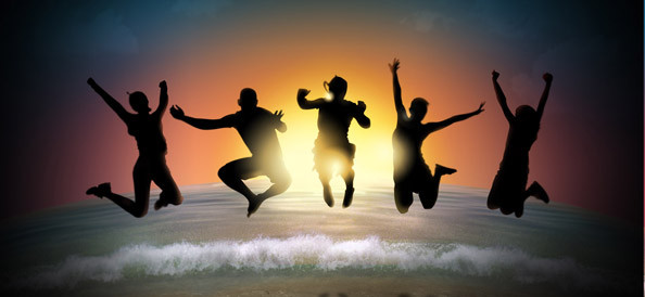 Happy People Silhouettes Jumping At The Sunset Web Background