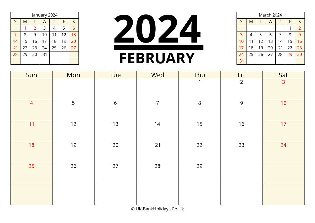 February 2024 calendar with a clean design, showing the days of the week and month. Includes January and March 2024 for reference