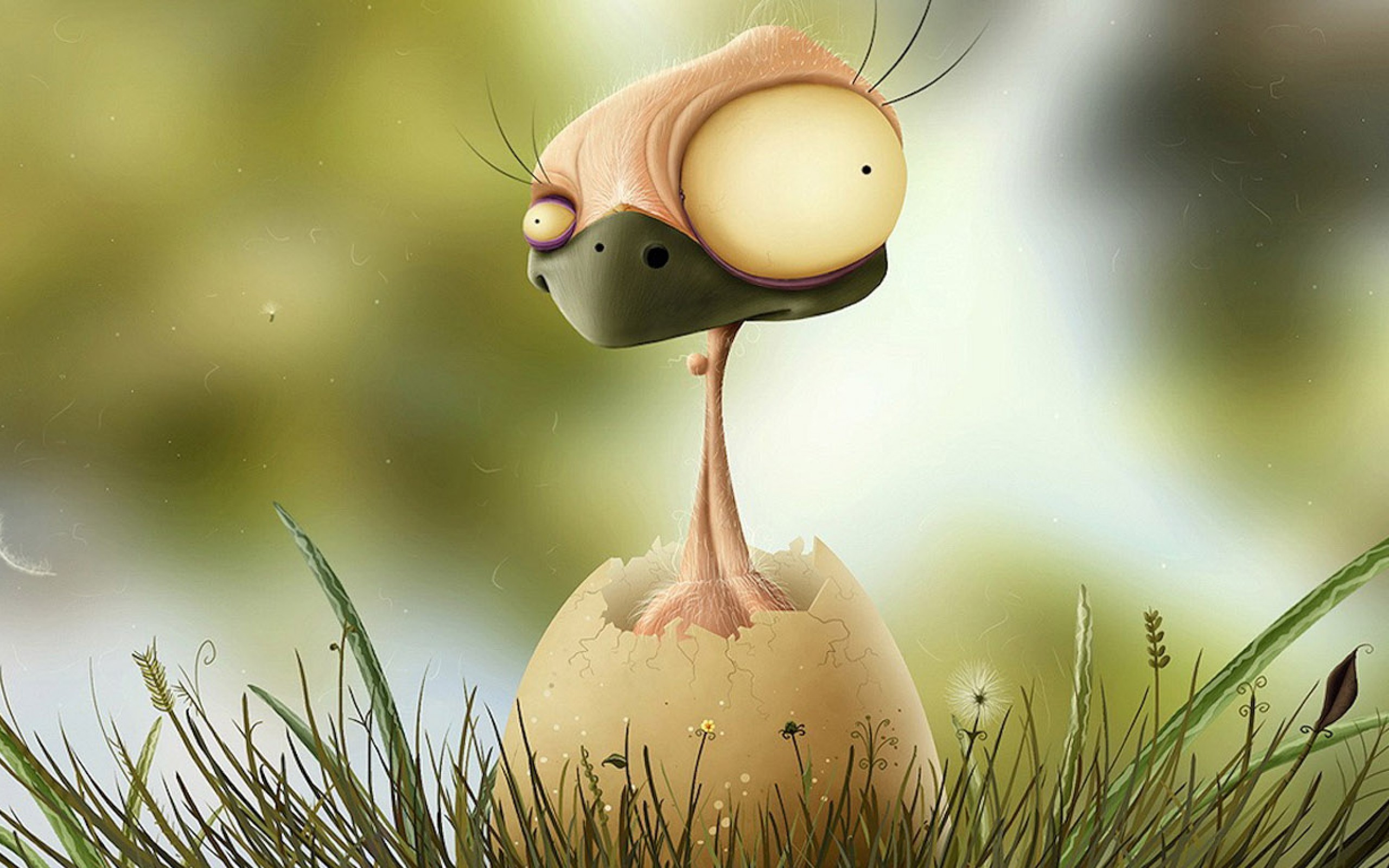 A cute cartoon chick with big eyes hatching from an egg in a field of grass