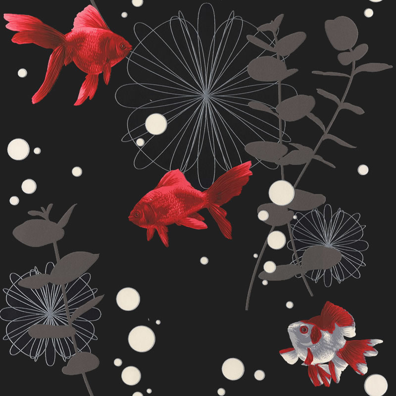 Details About Black Silver Red Fish Rasch Wallpaper