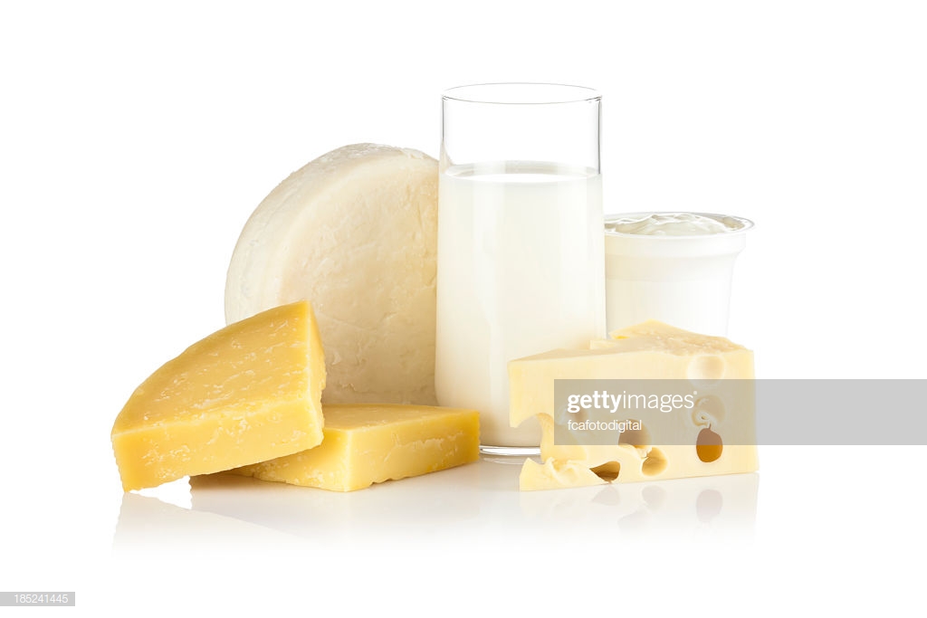 Some Dairy Products Shot On Reflective White Background High Res