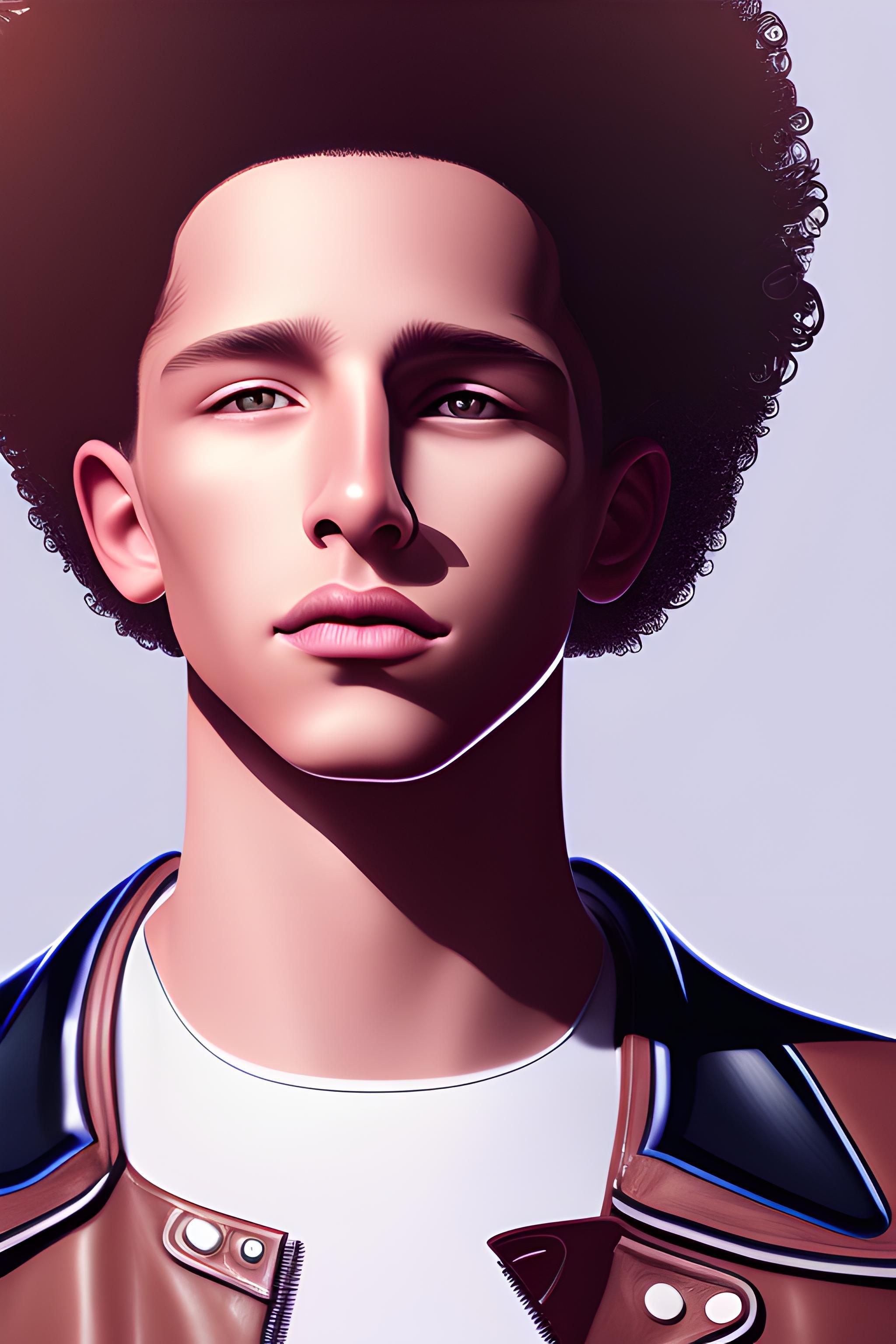 Picture a digital illustration of a curly haired boy with a modern