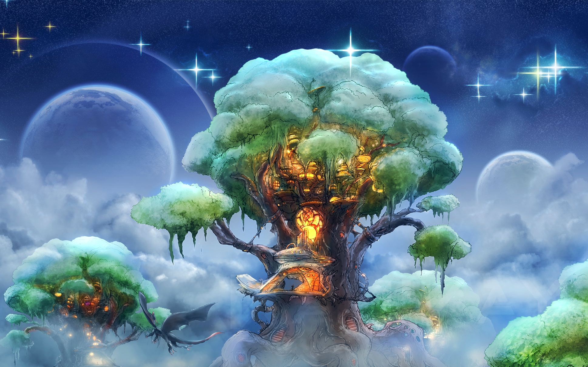 Fantasy Art House Landscapes Trees Sky Stars Clouds Islands Wallpaper