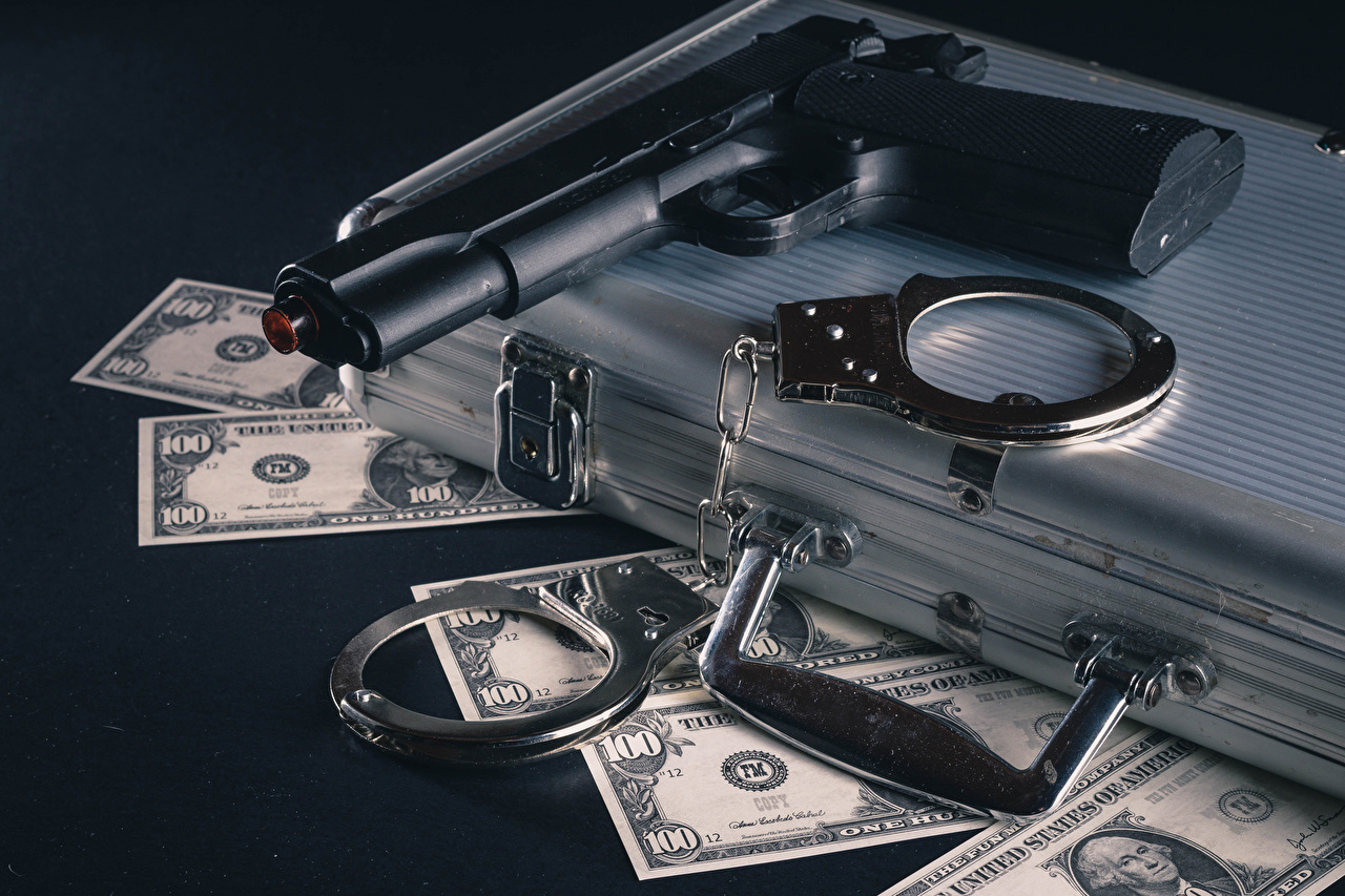 Wallpaper Dollars Banknotes Pistol Handcuffs Suitcase Money