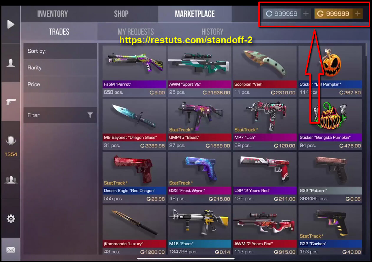 Screenshot of the Standoff 2 Marketplace showing various weapon skins and stickers