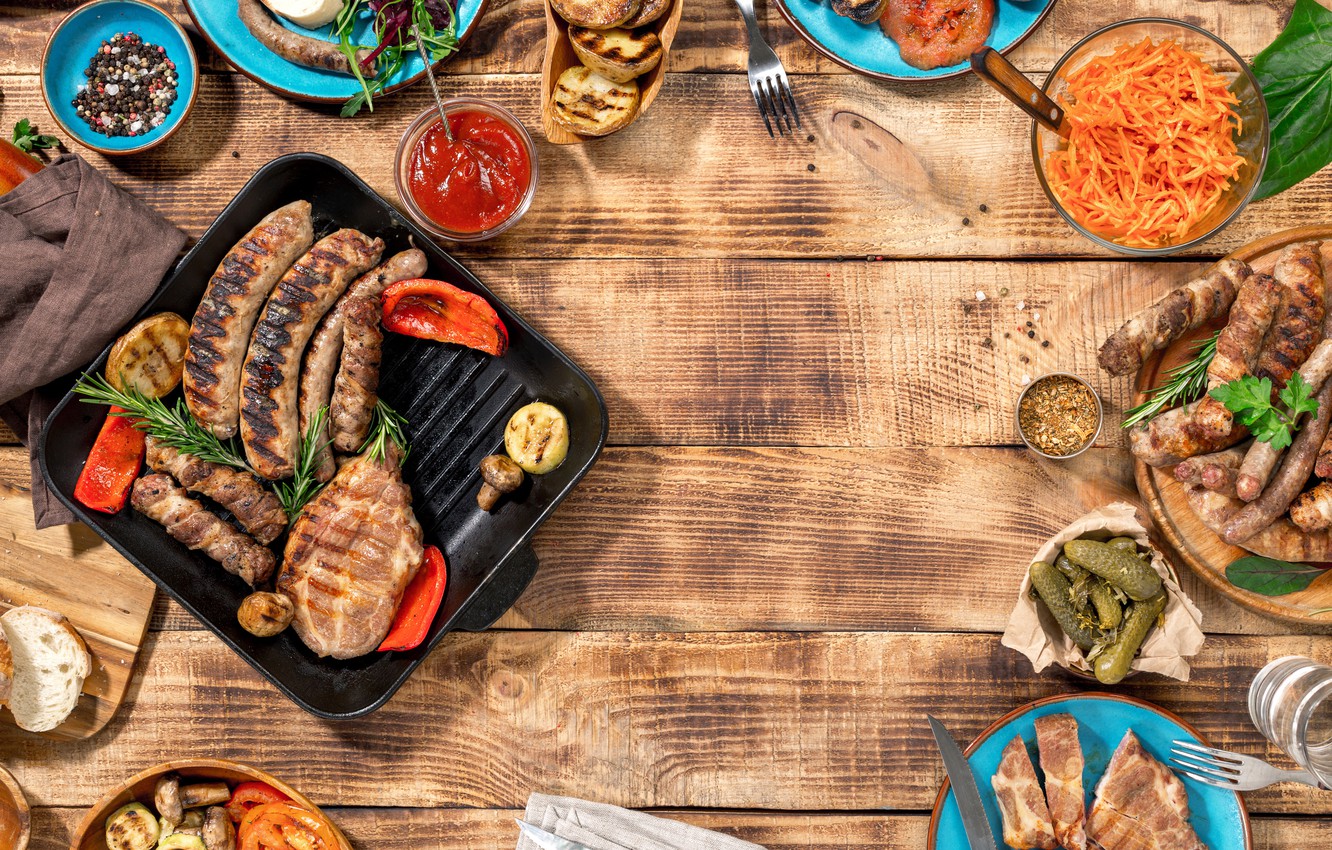Wallpaper Meat Bbq Vegetables Wood Grill Grilled Image