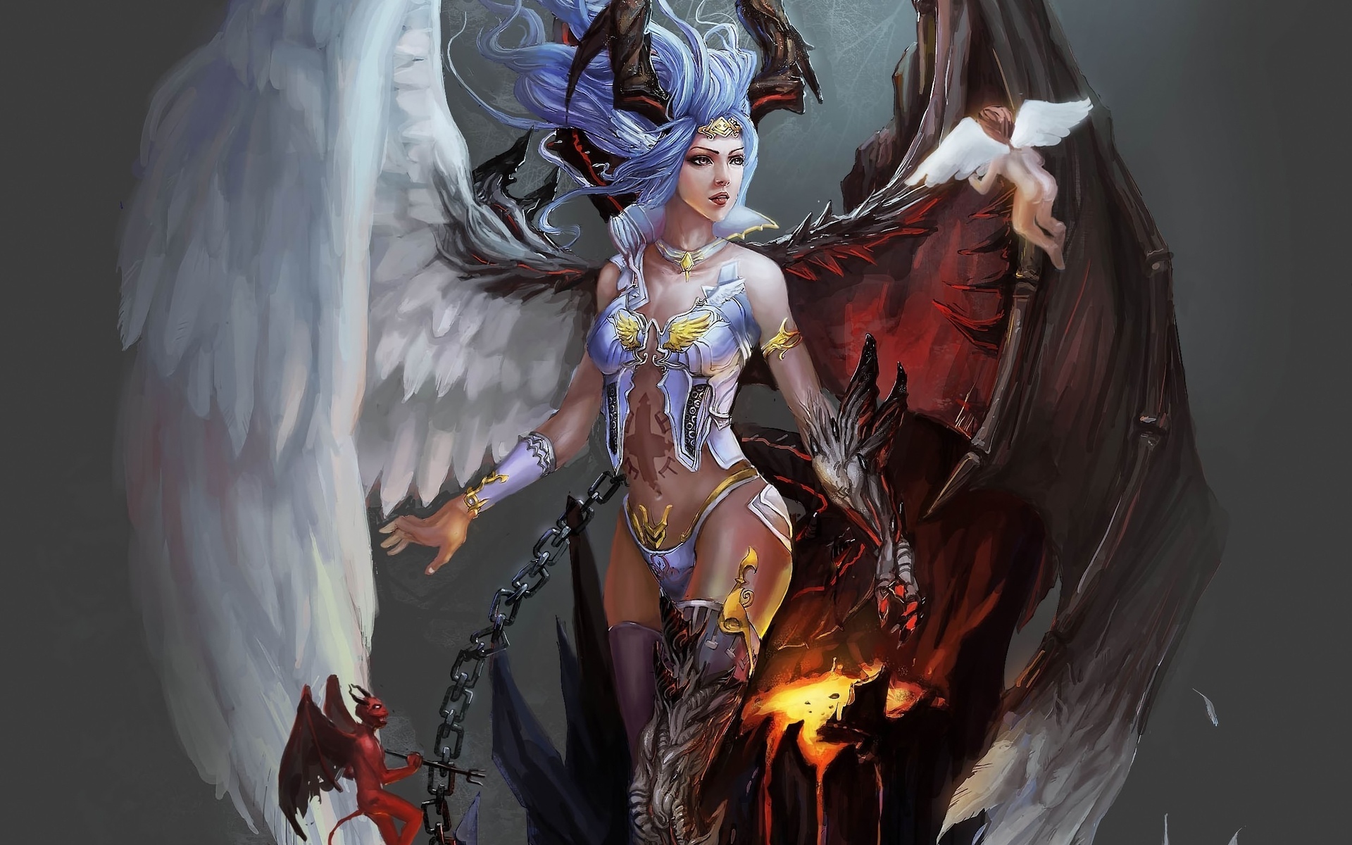 Fantasy Demon Angel Wings Chains Fire Magic Good Evil God Goddess Art