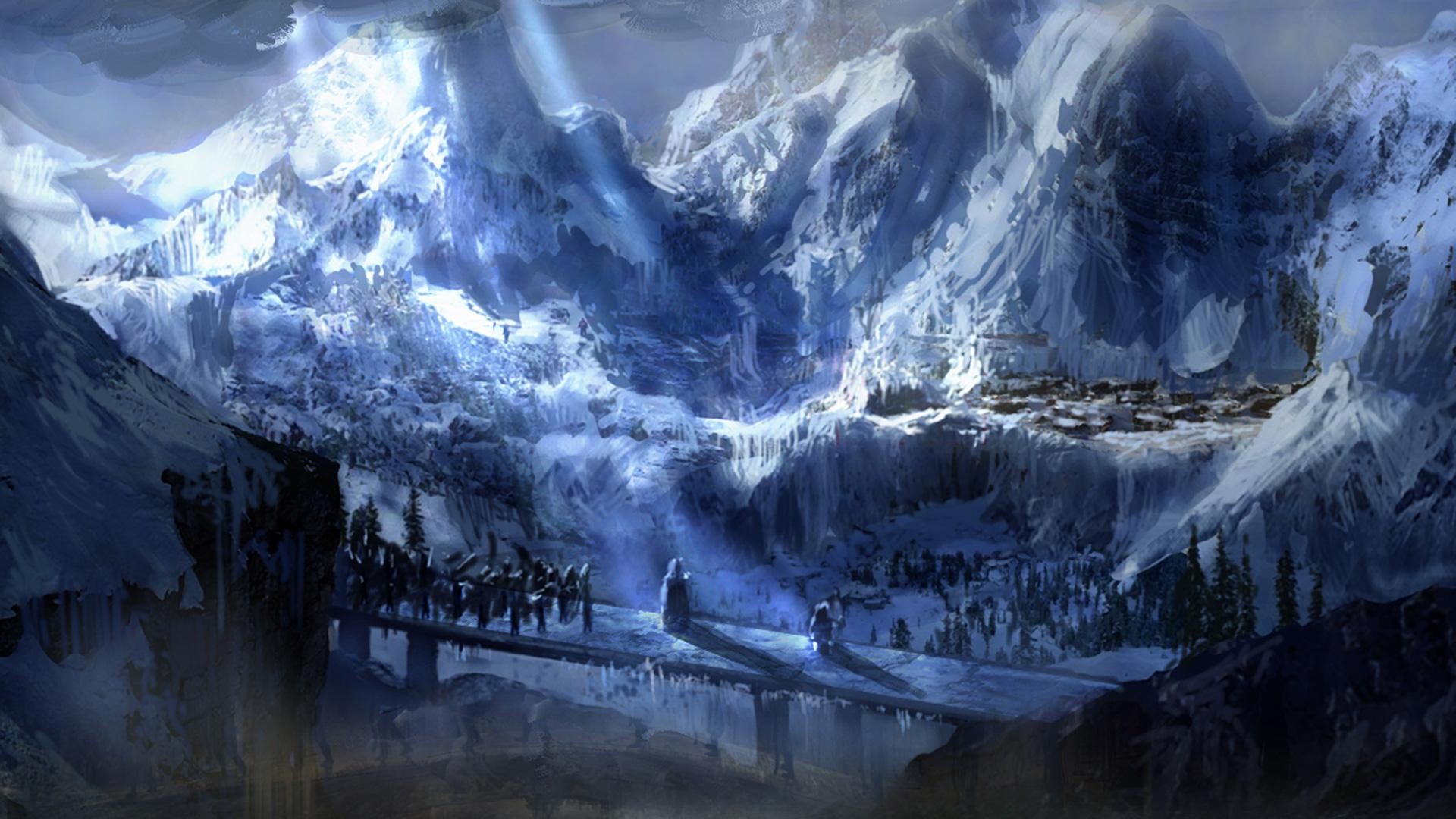 A breathtaking panoramic view of a snow-capped mountain range in Middle-earth, reminiscent of the Misty Mountains in the Lord of the Rings. A group of figures traverses a precarious bridge, adding a sense of adventure to the scene
