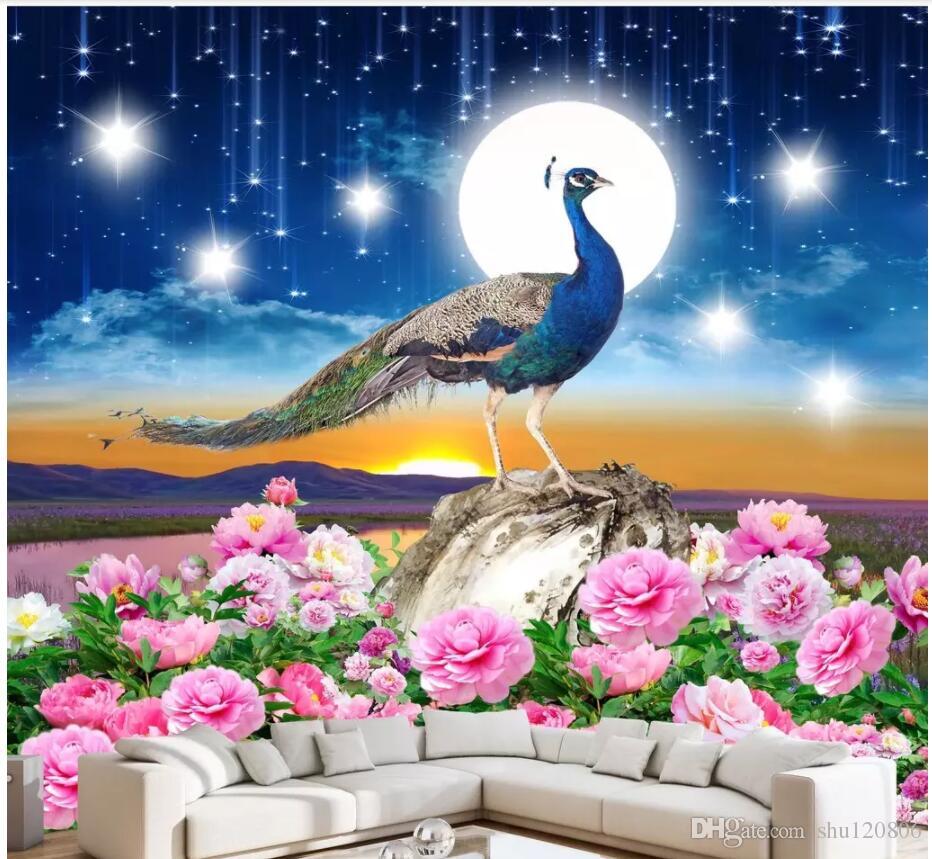 3d Room Wallpaer Custom Photo Fantasy Starry Sky Bird Peacock Rich