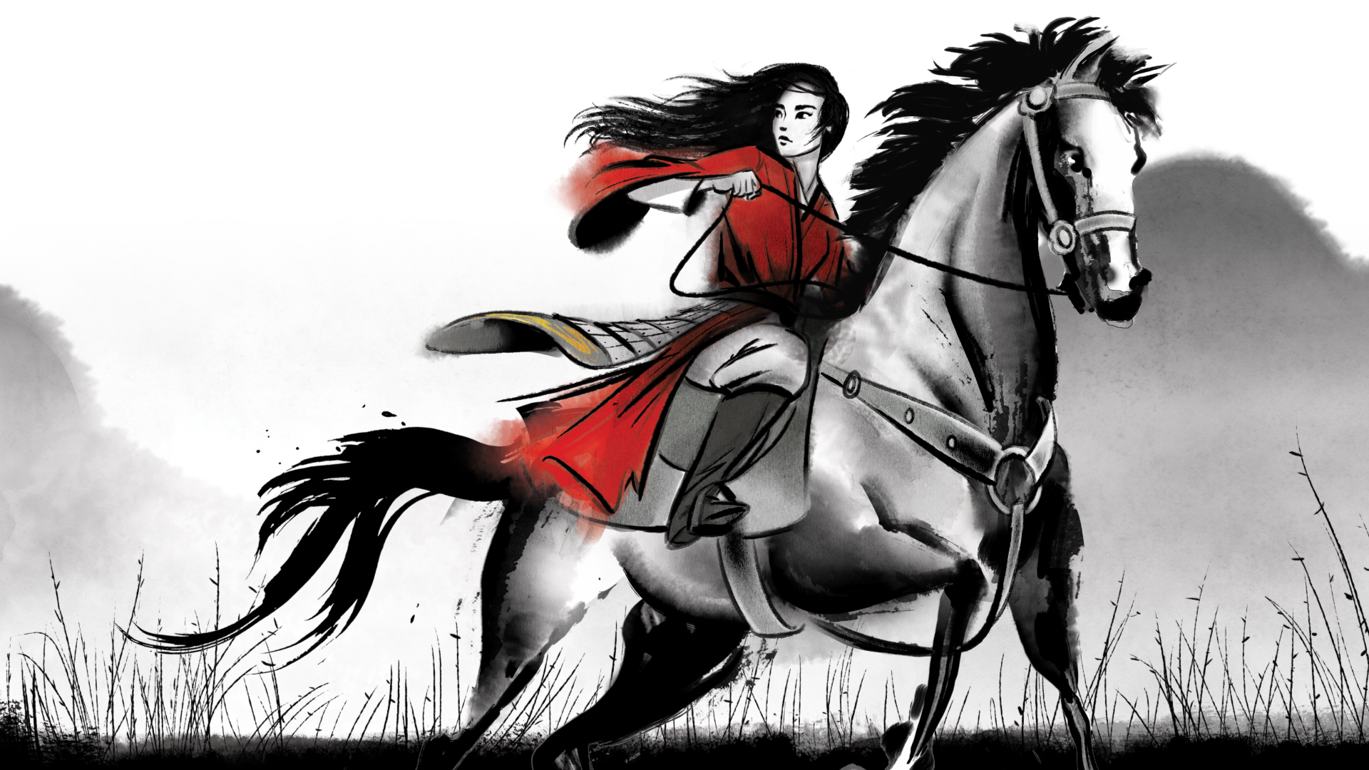 Mulan riding a horse, with flowing black hair and a red robe, in a stylized, almost ink-wash painting style