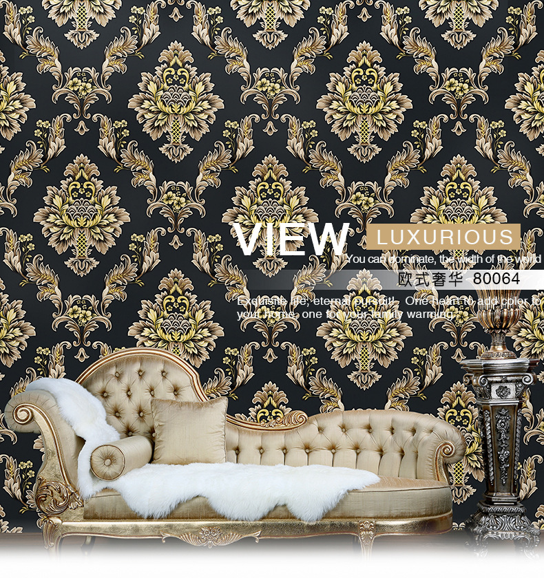 European Damascus Deep Embossed Wallpaper 3d Black Bottom Golden