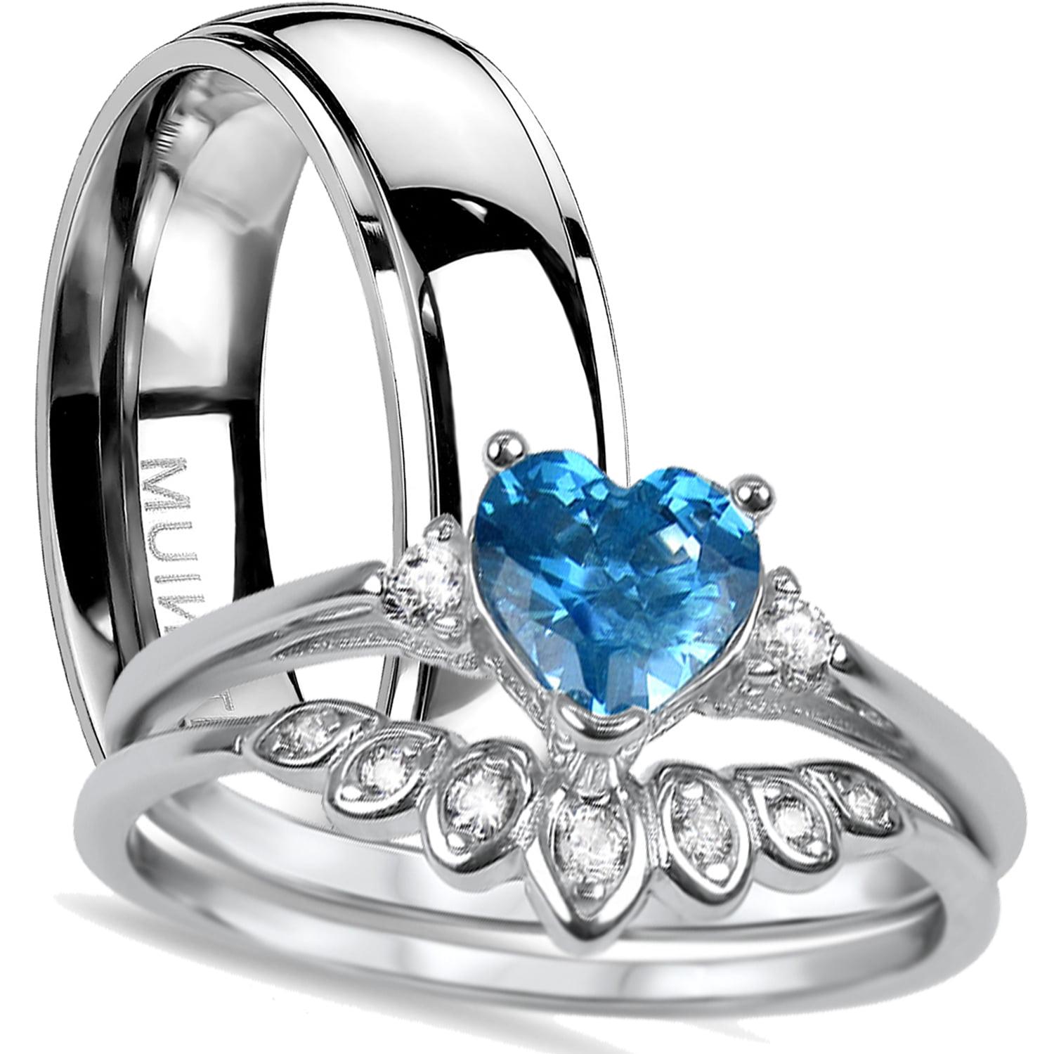 His Hers Aquamarine CZ Heart Bridal Wedding Band Engagement Ring