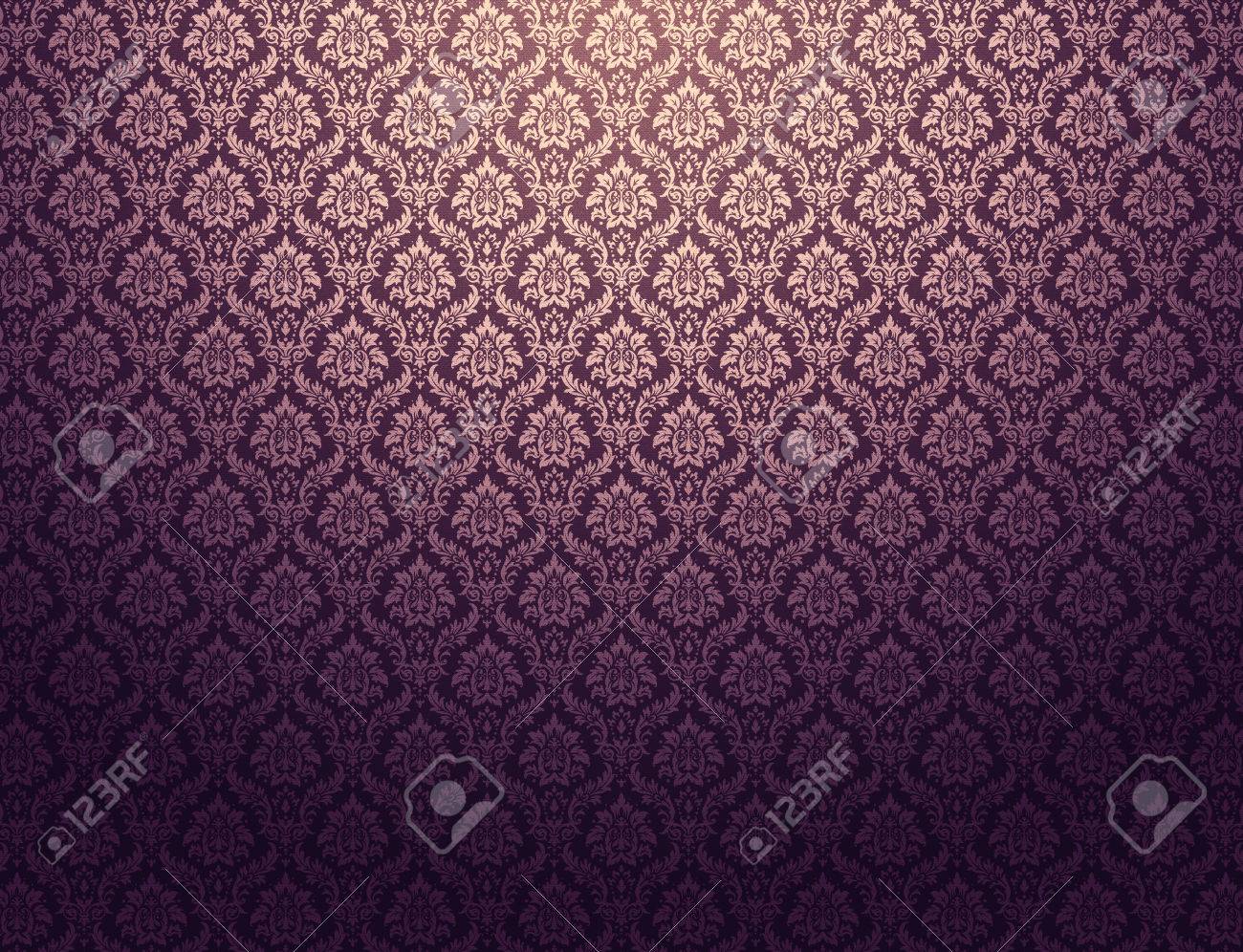 Purple Damask Wallpaper With Golden Floral Patterns Stock Photo