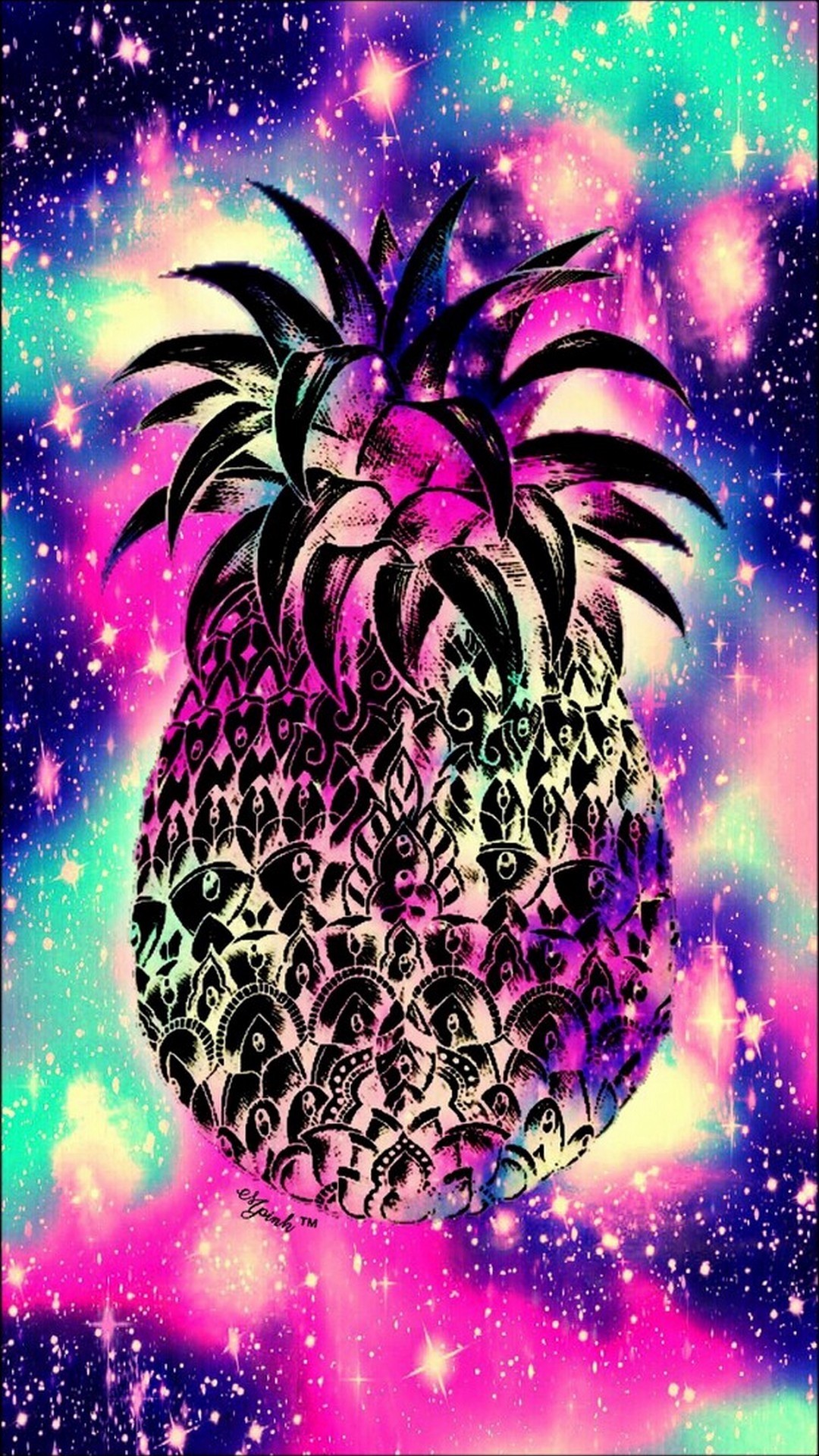 A vibrant galaxy wallpaper for phones, featuring a stylized pineapple with intricate black patterns. The pineapple is set against a backdrop of pink, purple, and teal nebulae, adorned with sparkling stars