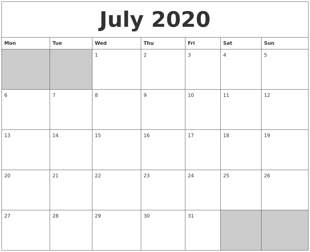 Awesome July Calendar Pdf Word Excel Template