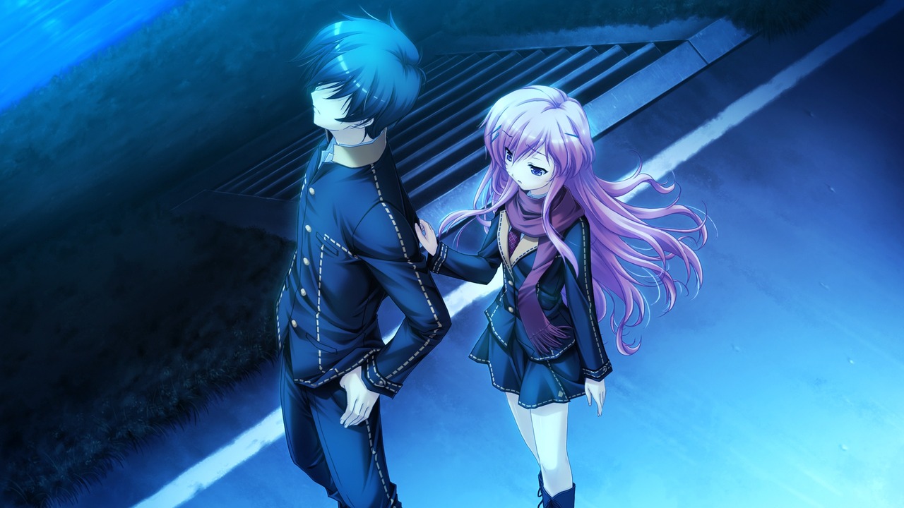 Download wallpaper 1280x720 anime boy girl touching twilight
