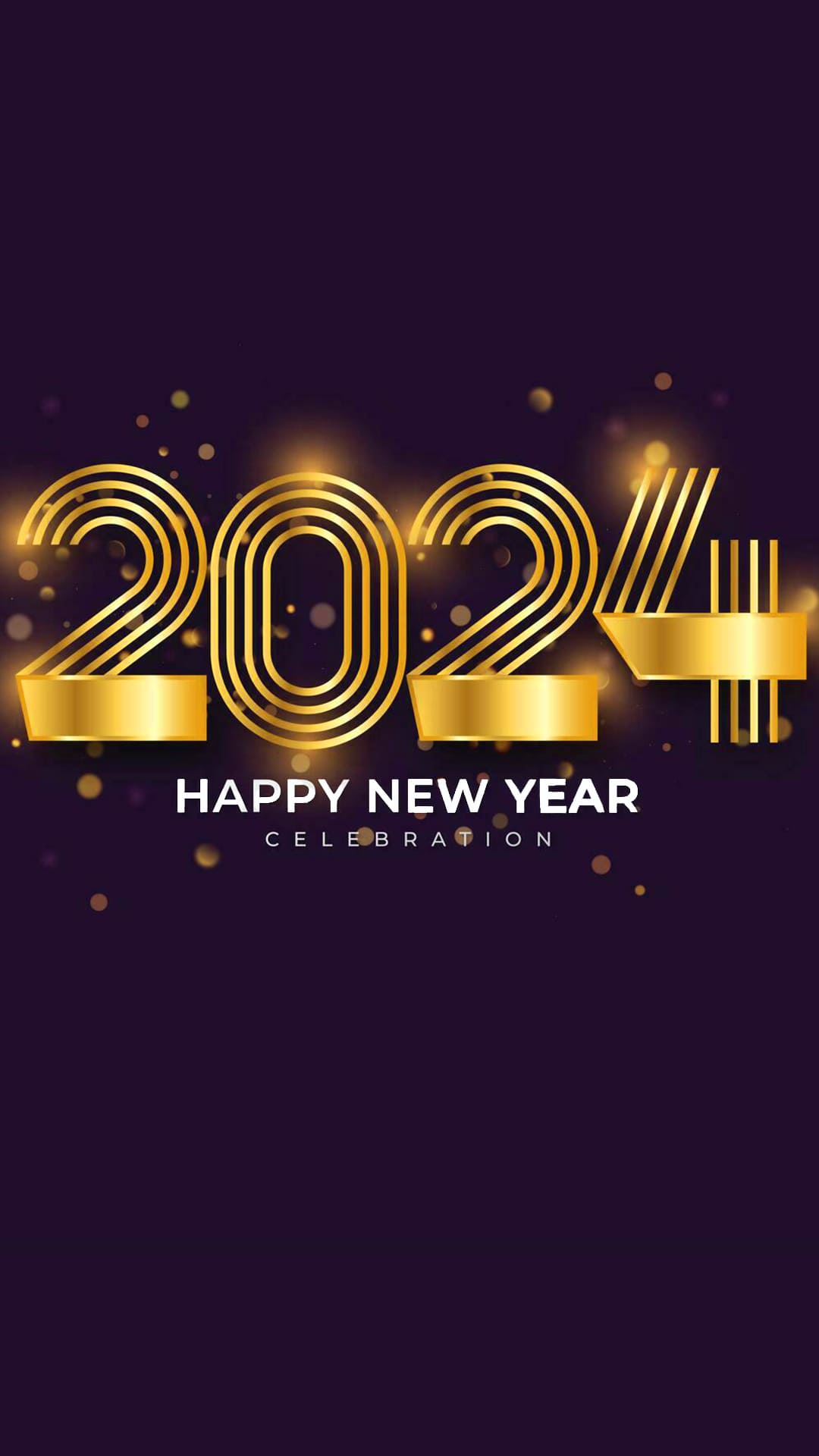 Gold 2024 text on a dark purple background with gold glitter accents. Happy New Year Celebration