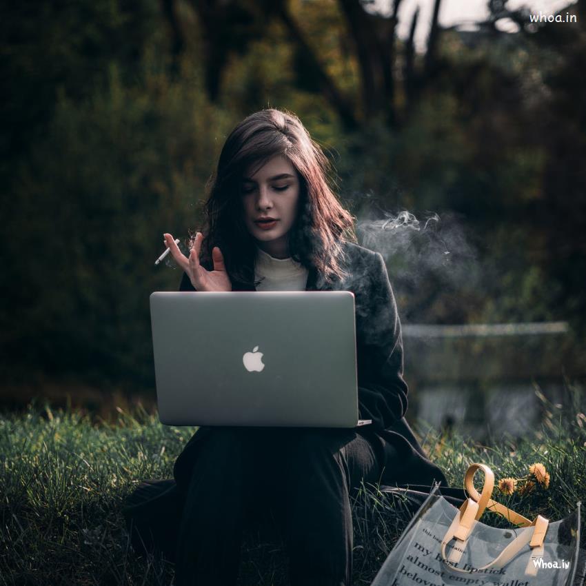 A Girl Using Laptop And Smoking Cigrette HD Image Wallpaper