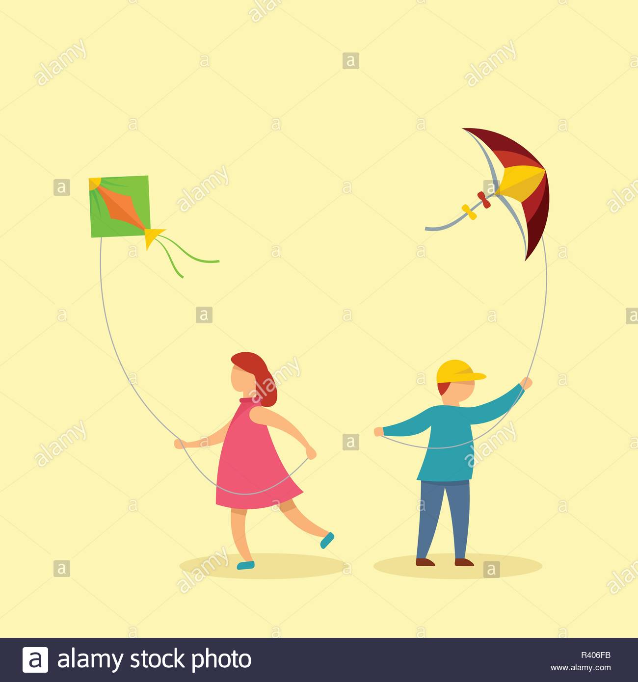 Children With Kites Background Flat Illustration Of
