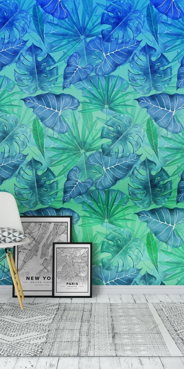 Abstract Tropical Monstera And Palm Pattern Wall Mural Nature