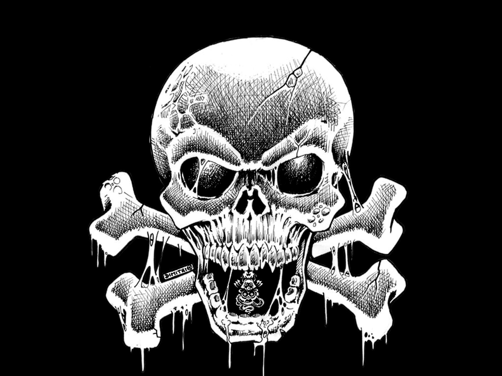 A striking black and white illustration of a skull with crossbones, featuring intricate details and a dripping effect, perfect for a cool skull wallpaper