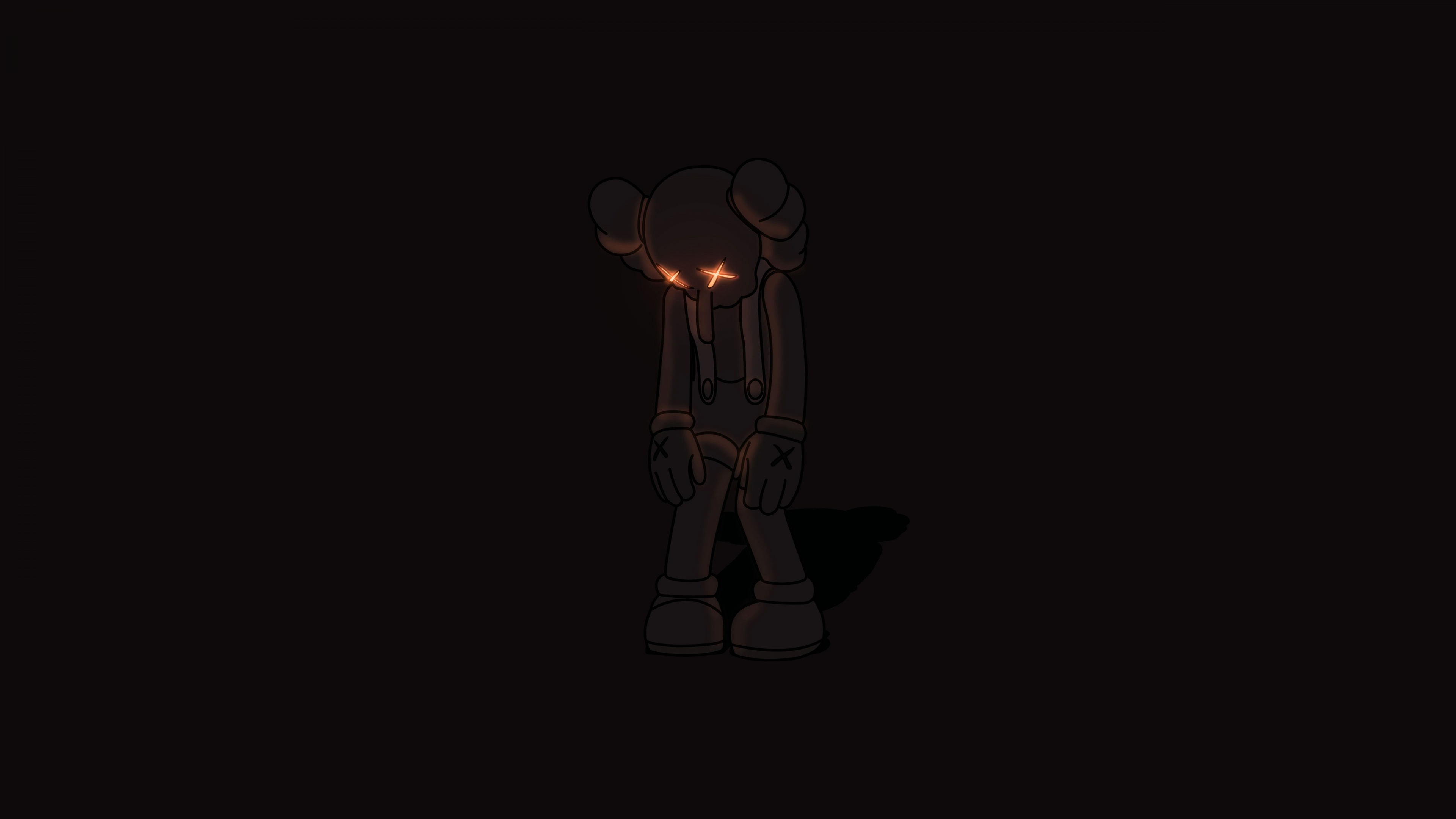 A minimalist, dark wallpaper featuring a Kaws Companion figure slumped over, illuminated by glowing X's in its eyes