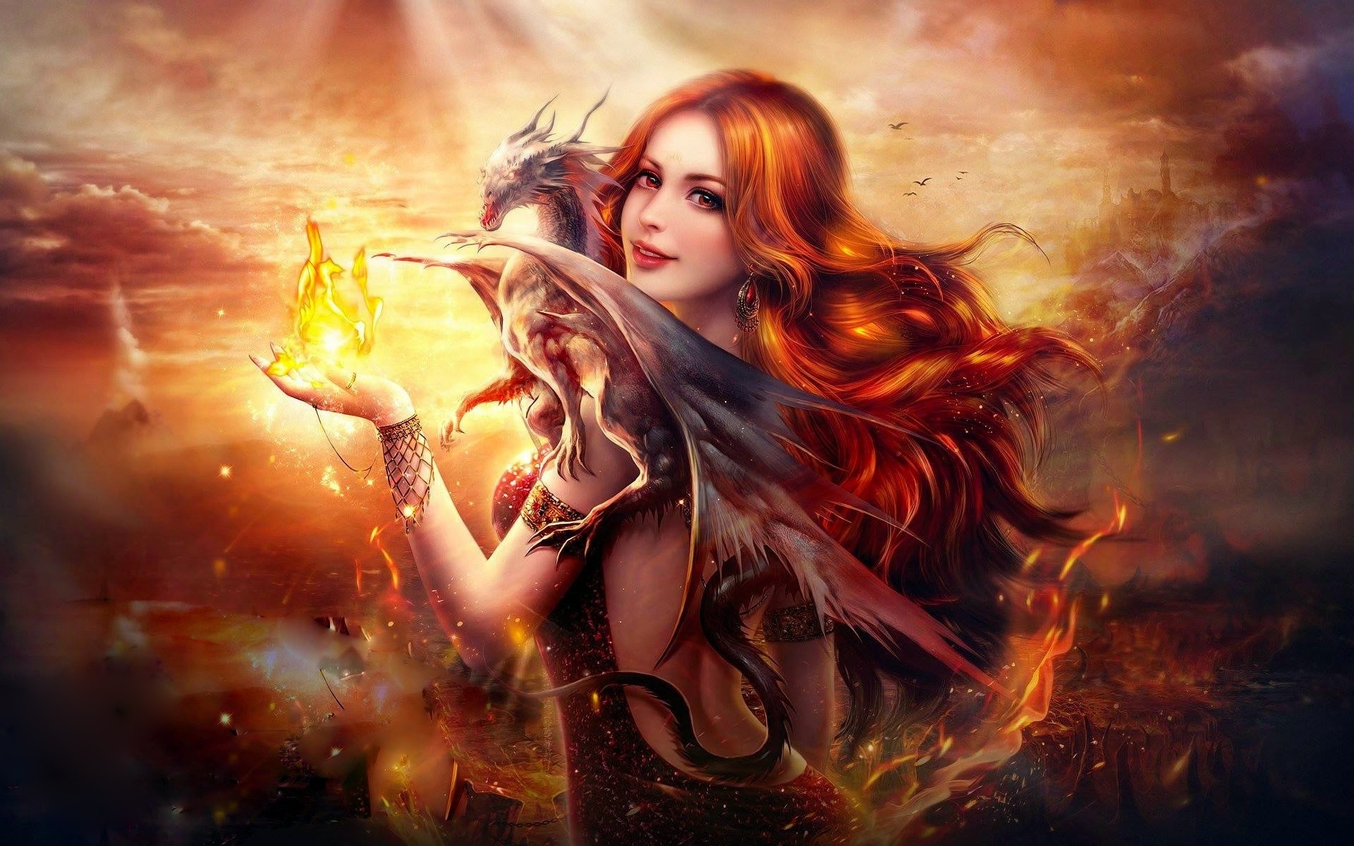 Dragon Fire Fantasy Girl HD Wallpaper Background Image