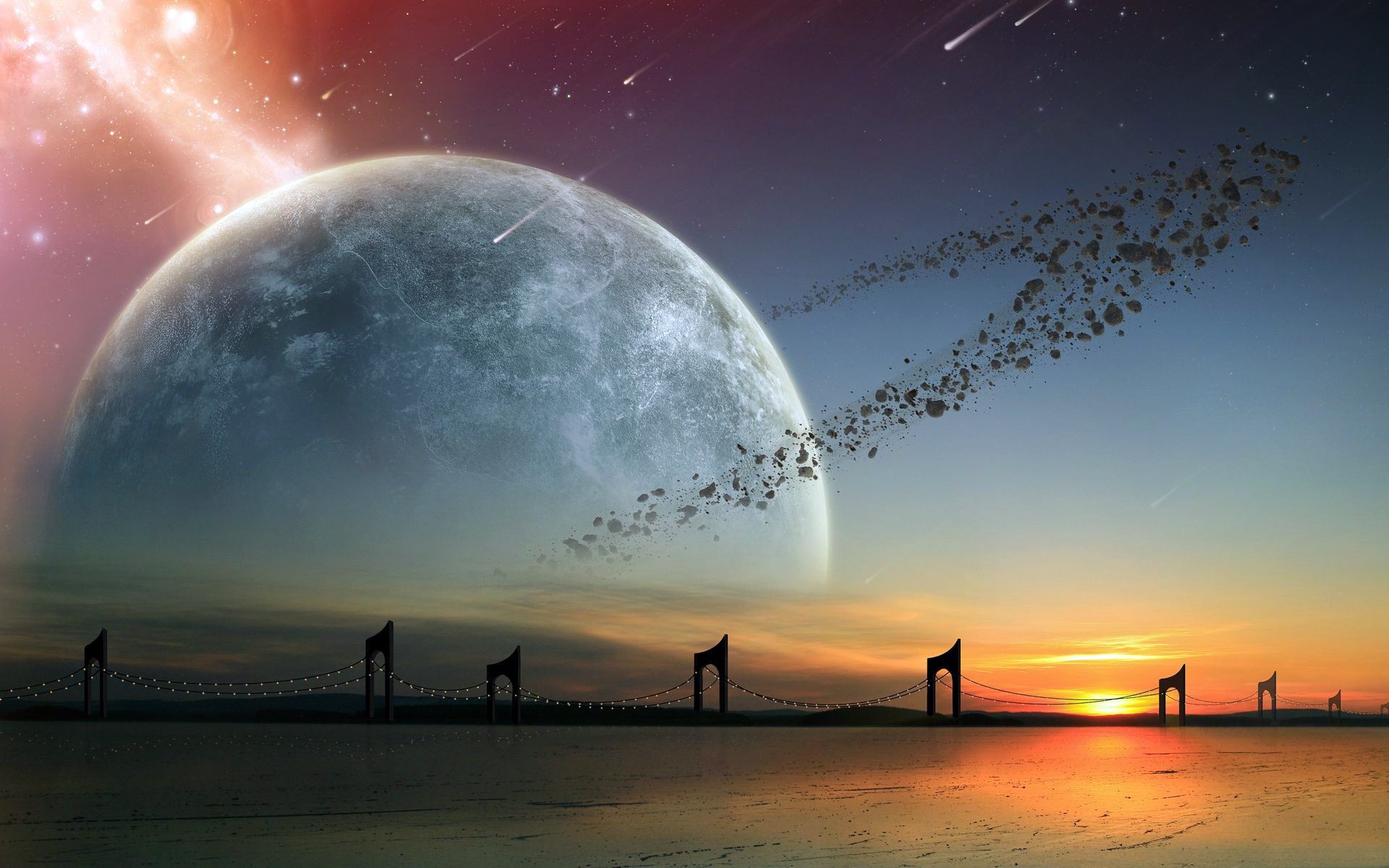 Pla Stars Asteroids Bridge Alien Landscape Wallpaper