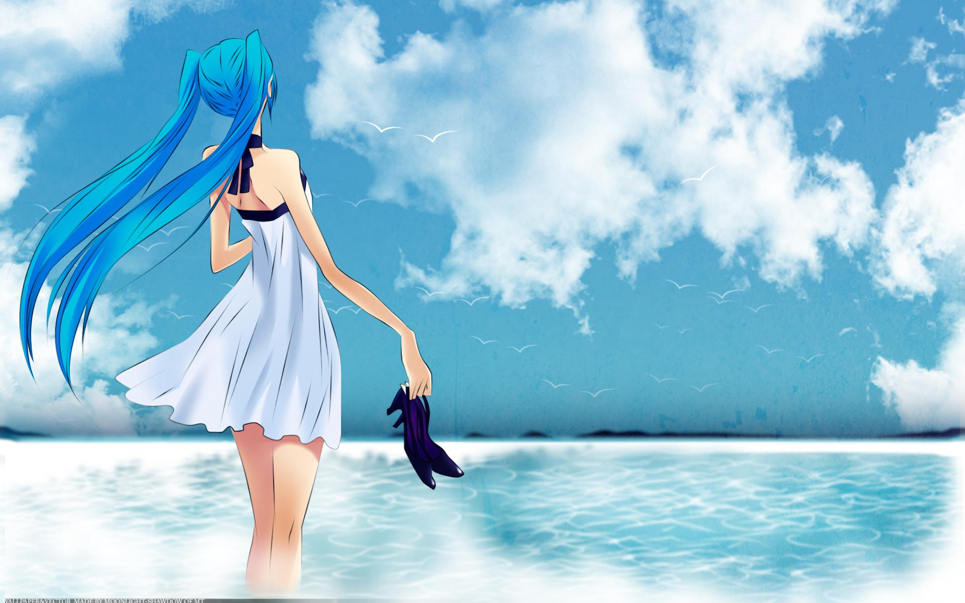 Long Blue Hair Anime Girl At Seaside HD Wallpaper