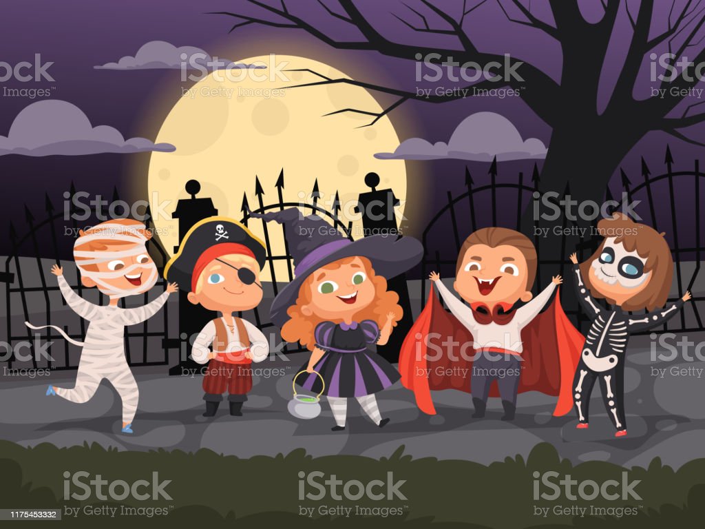 Halloween Background Kids Playing In Scary Costumes For