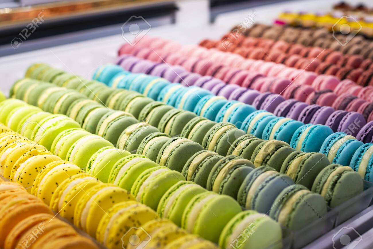 Colorful French Macarons Background Close Up Different